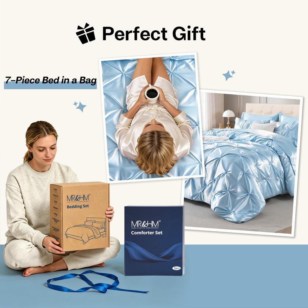 Satin Comforter Set Light Blue, 7-Piece Pintuck Bed in A Bag