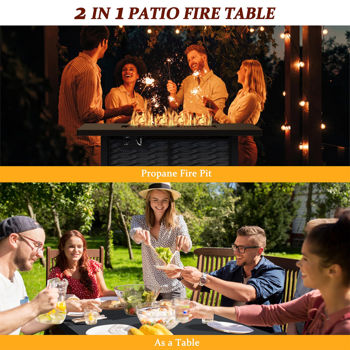 Propane Fire Pit, 43" Outdoor Gas Fire Pit Table, 50, 000 BTU 2-in-1 Texteline Pattern Fire Table with Removable Lid