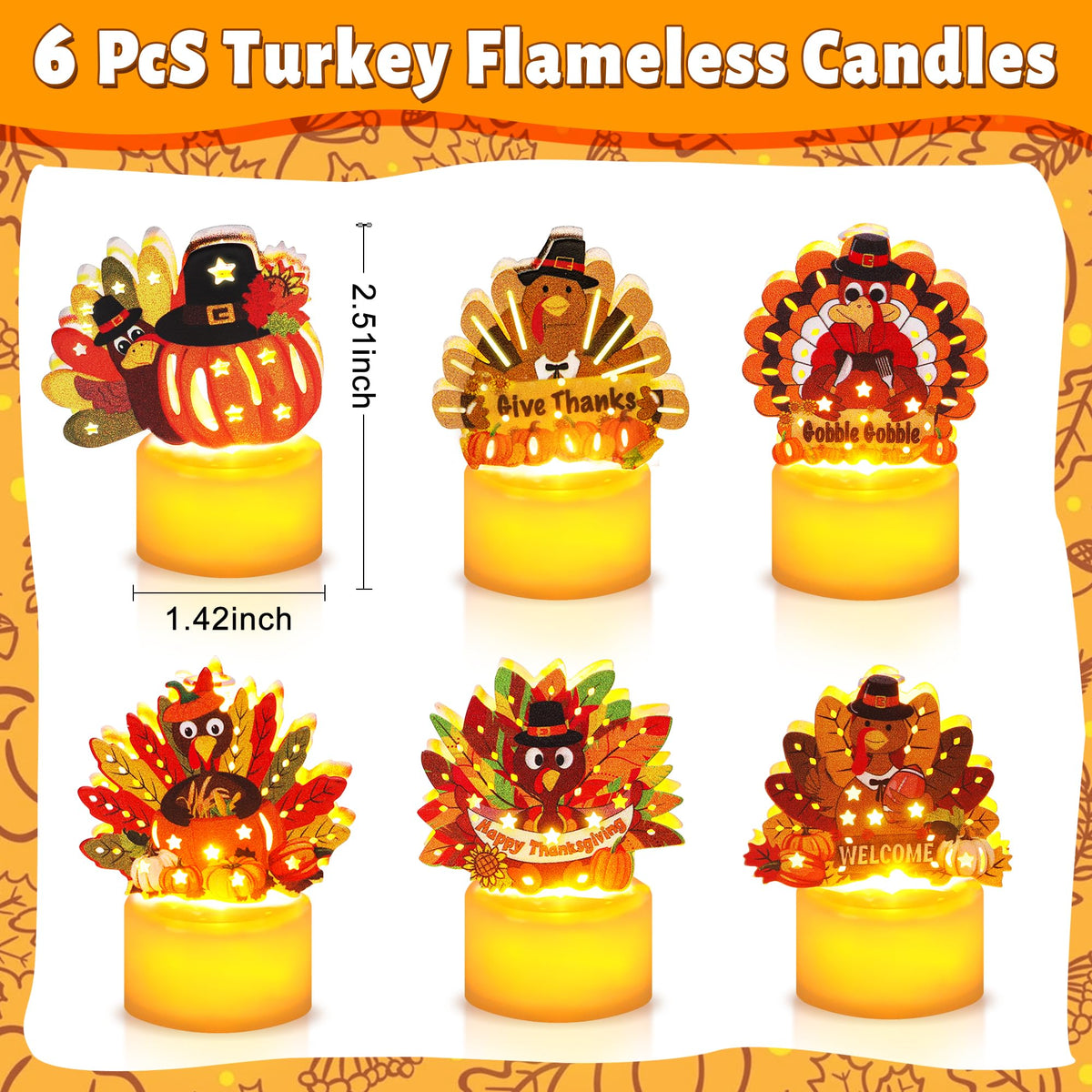 Thanksgiving Table Decorations 6 Pack Turkey Flameless LED Candles Battery Operated Turkey Tea Lights for Mantle