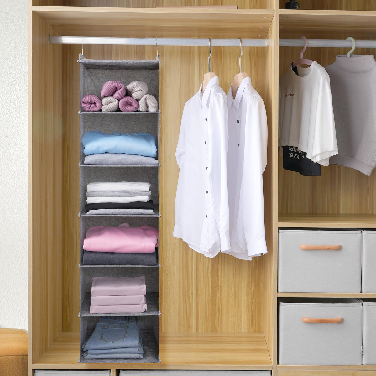 Large Hanging Sweater Organizer for Closet,Collapsible 6-Shelf Hanging Closet Shelves with Drawers, Washable (Grey-6