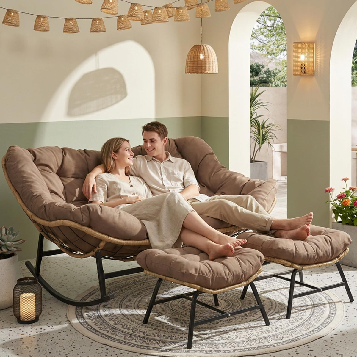 Inspired Egg Style Double Papasan Rocking Chair with Ottomans, Oversized Chairs