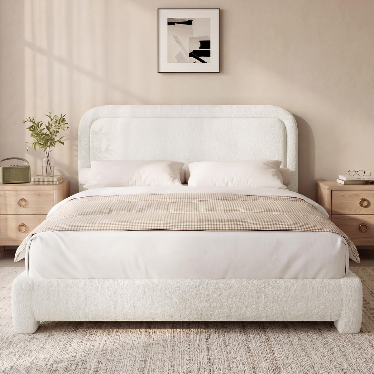 Boucle Full Size Bed Frame with Adjustable Headboard, Upholstered Cloud Platform Bed Frame with Wood Slats
