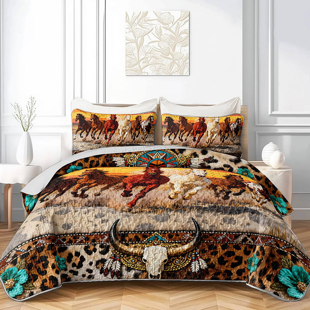 Western Horse Quilted Bedding Set, 3-Piece Running Horses Sunset Theme Bedspread Boho Coverlet, with 2