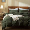 Dark Green Duvet Cover, 100% Washed Cotton Linen Like Textured Green Bedding Set, 1 Duvet Cover with 2