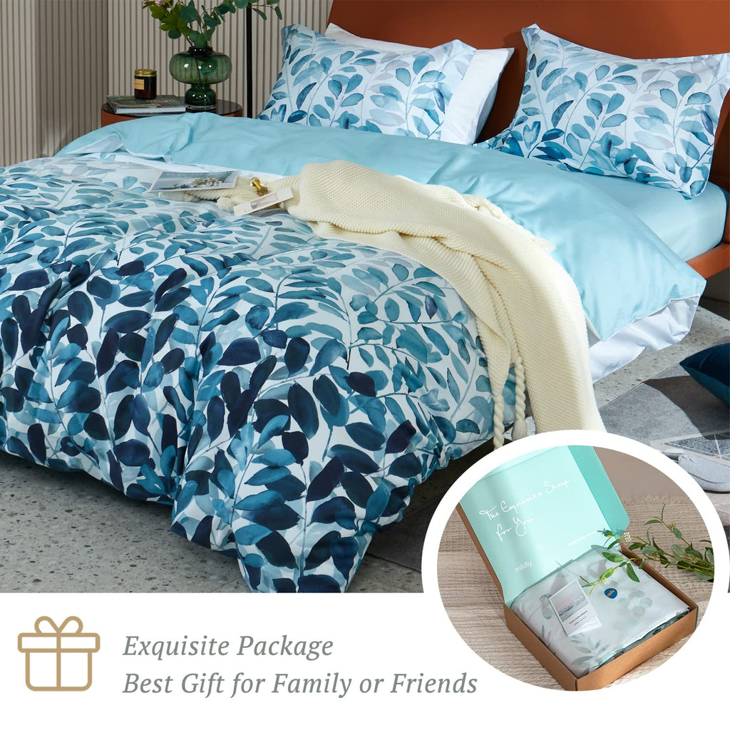 100% Long Staple Cotton Duvet Cover Set Gradient Blue Leaves Printed Comforter Cover Set Farmhouse Plant Comforter