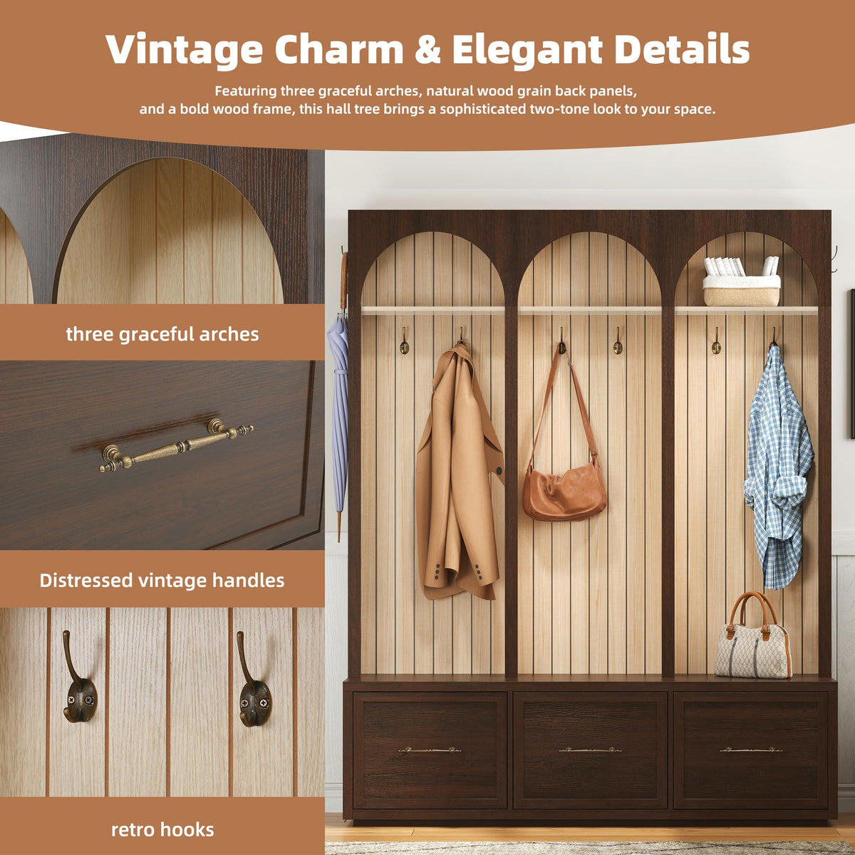 Farmhouse Wood Hall Tree with Shoe Bench and 3 Drawers, 4-in-1 Entryway Coat Rack with 8 Hooks for Entrance, Hallway