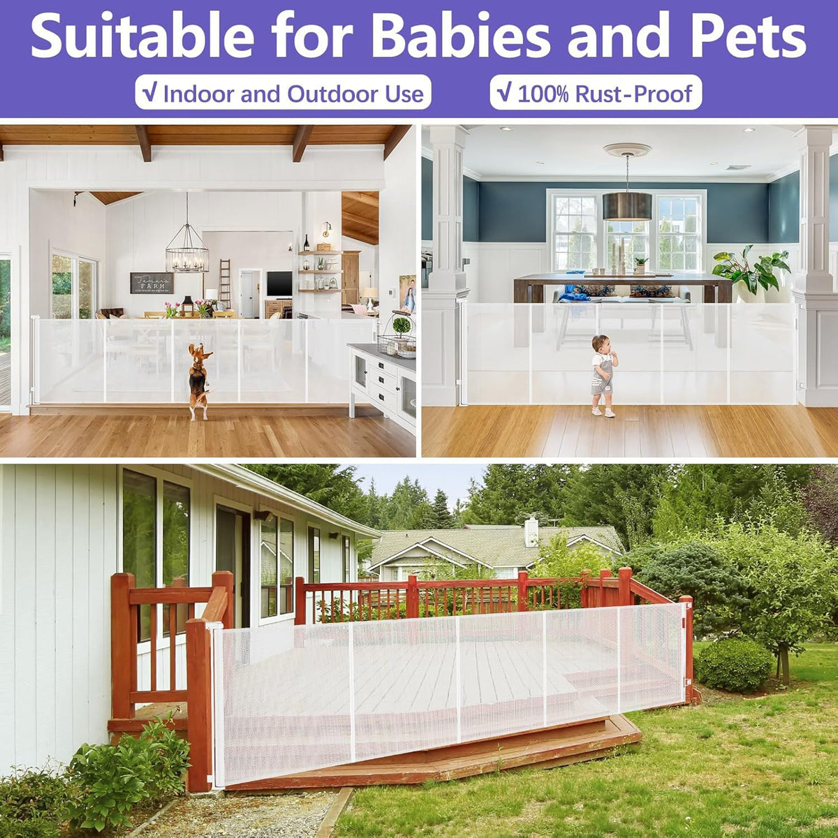 Reinforced 42" Tall Baby Gate 120" Wide Retractable Dog Gate Indoor/Outdoor