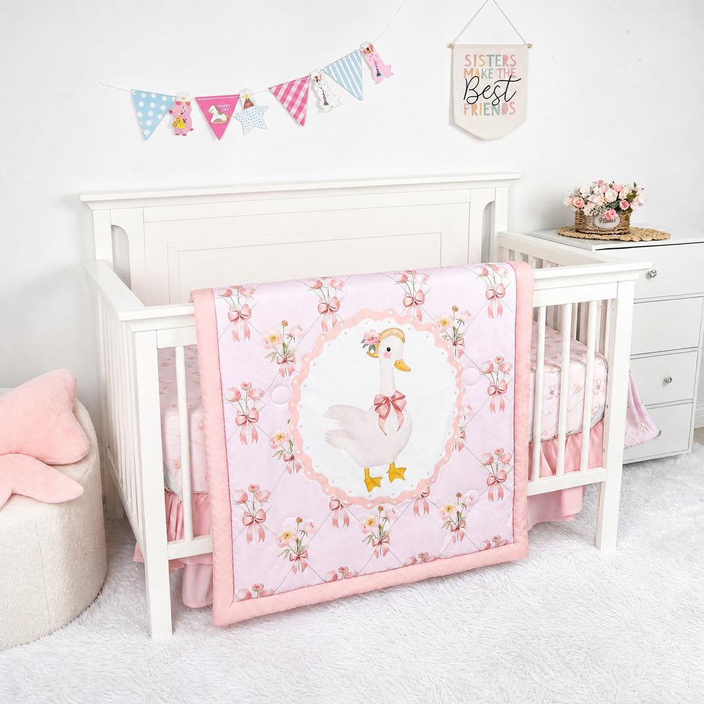 4-Piece Crib Bedding Set for Girls, Baby Nursery Bedding Sets Pink Includes Comforter, Fitted Crib Sheet, Crib Skirt