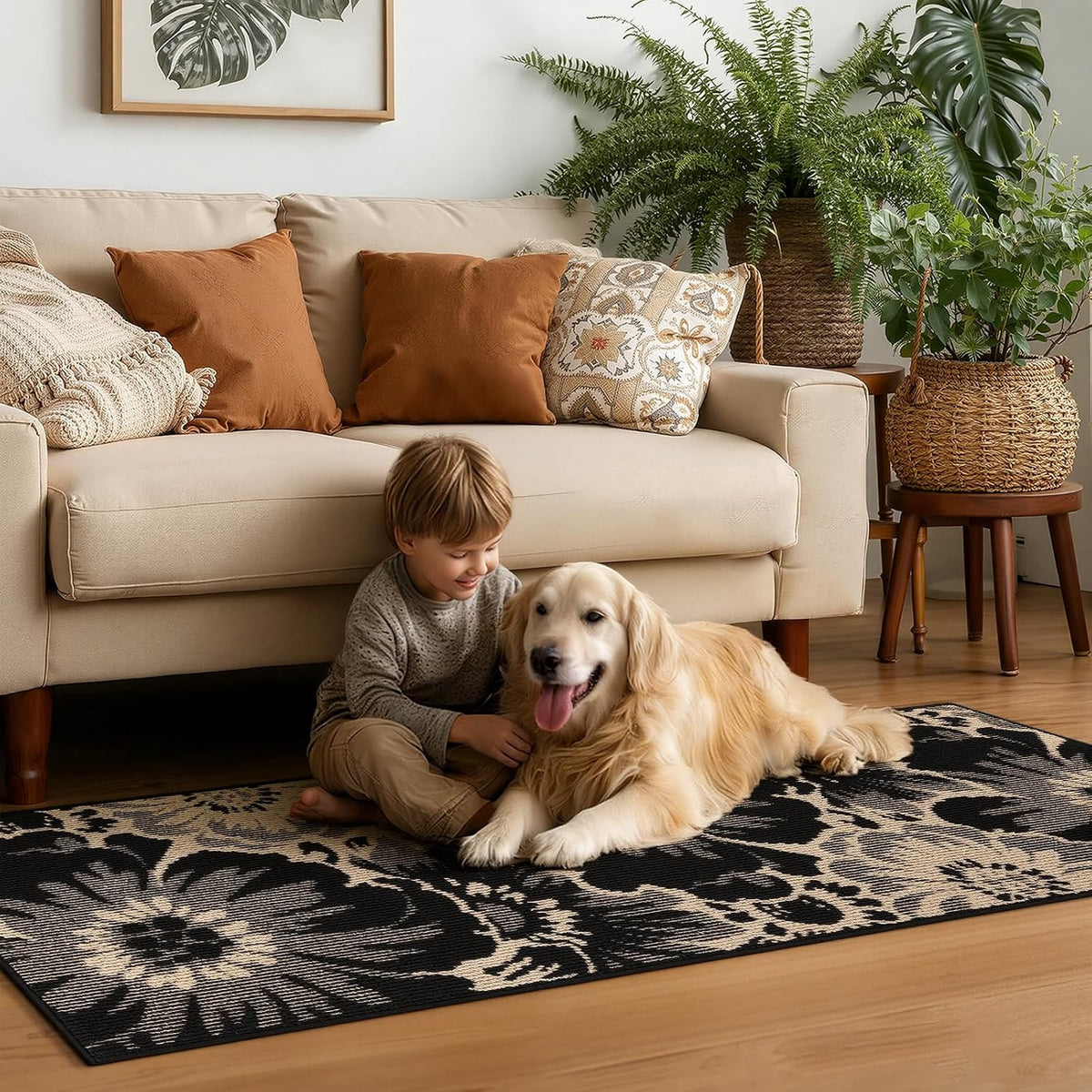 Hallway Runner Rug, Non Slip High-Low Textured Floral Washable Runner Rug with Rubber Backing, Boho Carpet