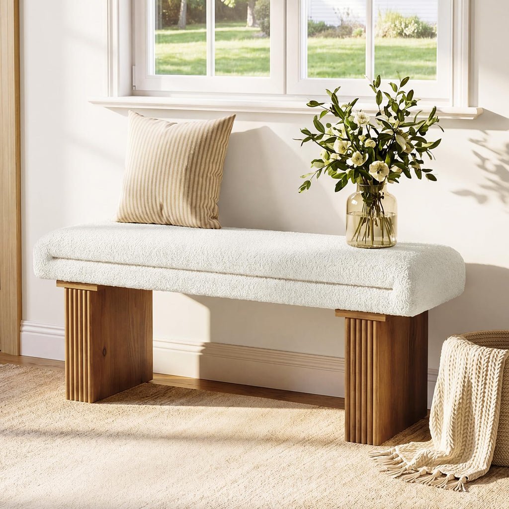 Solid Wood Entryway Bench, 47" Farmhouse End of Bed Bench, Ottoman Indoor Bench with Cushion, Upholstered Window