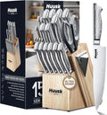 Kitchen Knife Set with Block & Built-in Sharpener - 15pcs | Japanese Stainless Steel Knife Block Set - Sharp