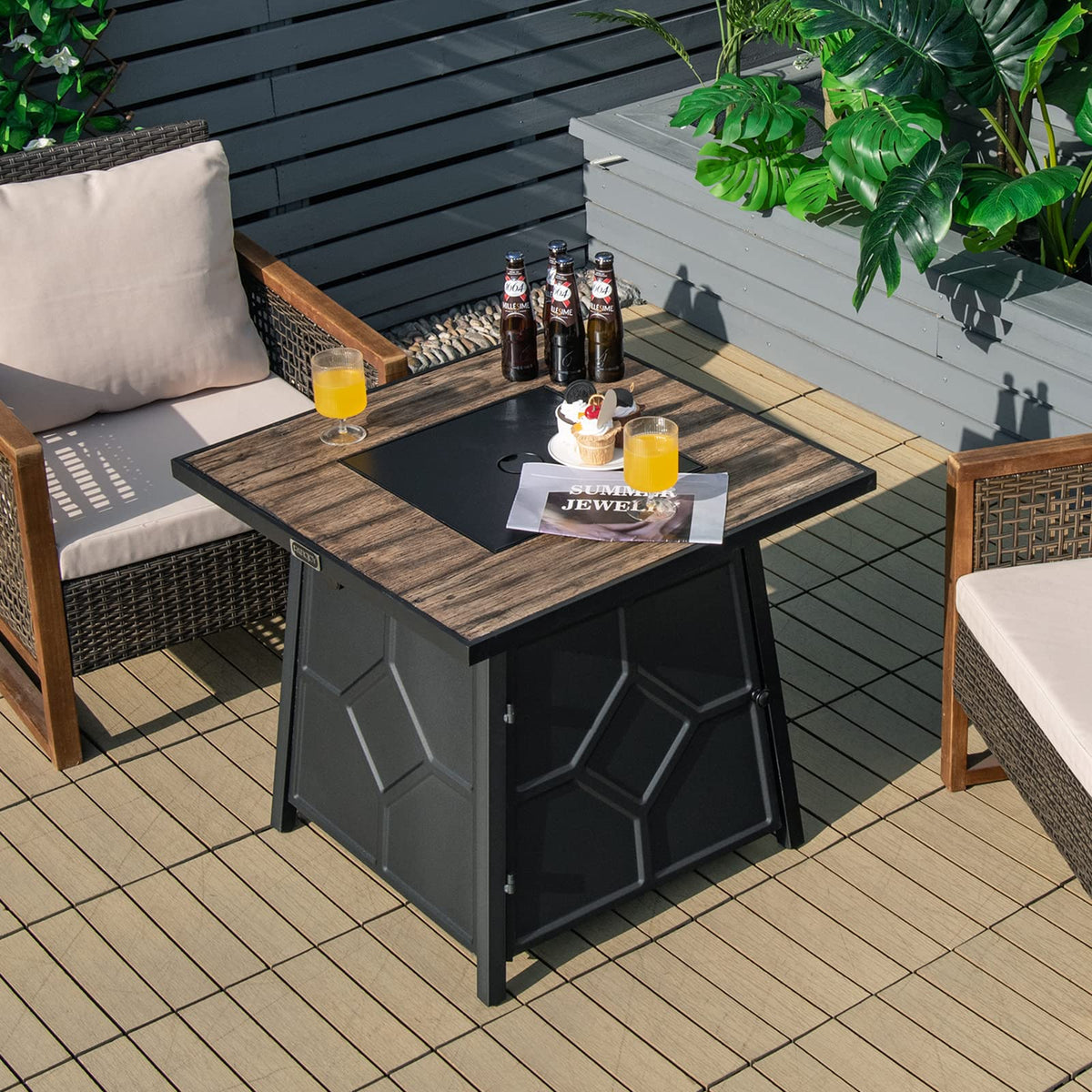 28 Inches Propane Fire Pit Table, 40, 000 BTU Square Fire Table with Lid, Lava Stone, Waterproof Cover and Instant