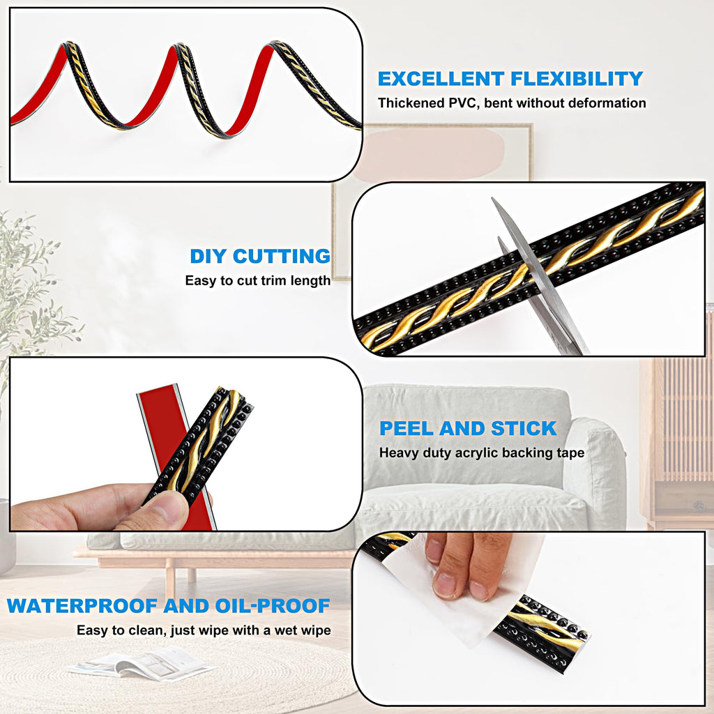 PVC Moldings Trim, 300cm×2cm, Peel and Stick Self-Adhesive, Coving for Ceilings, Wall Moldings for Wall Edge, Mirror