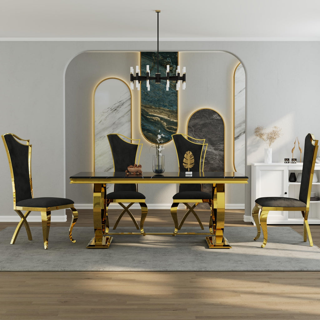 Black and Gold Dining Table, Faux Marble Top, Metal Frame and U-Base