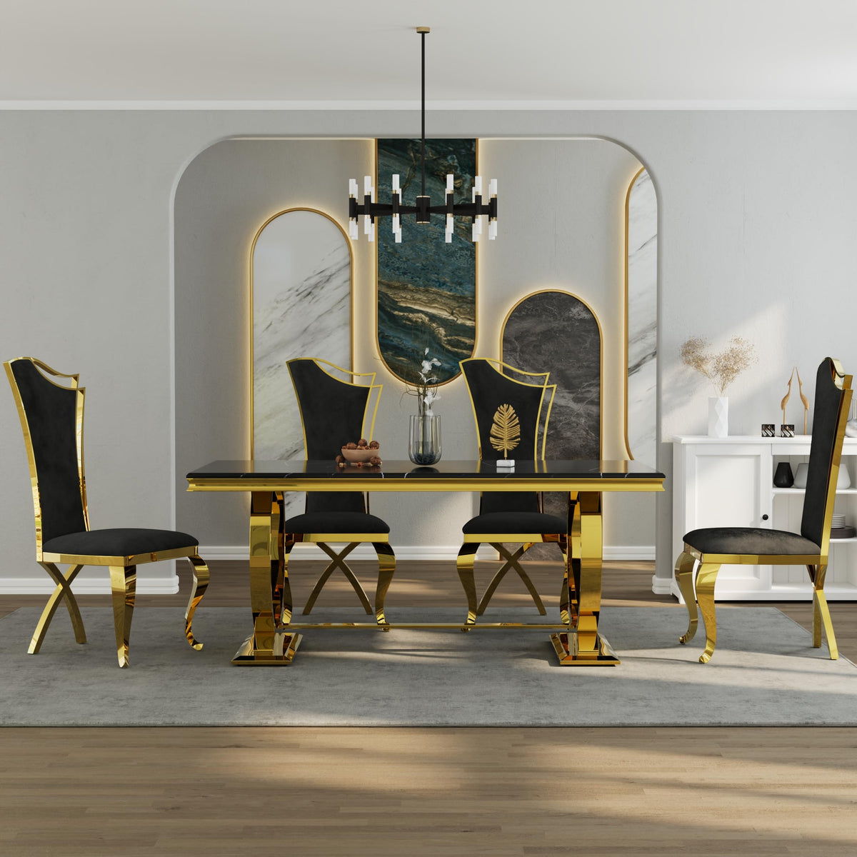 Black and Gold Dining Table, Faux Marble Top, Metal Frame and U-Base