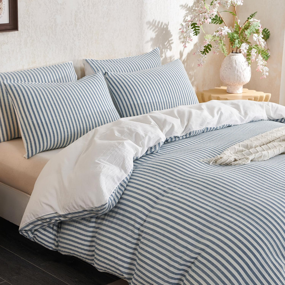 Denim Blue Duvet Cover Queen Striped Washed Cotton Jacquard 3 Pieces Blue Queen Striped Bedding Sets, with Zipper