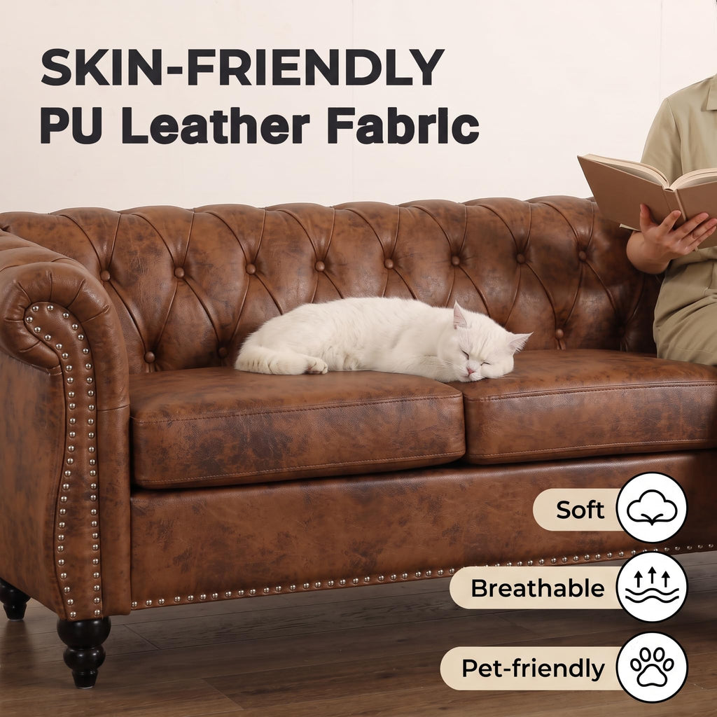 3 Piece Living Room Set, Chesterfield Sofa & 2 Accent Chairs, Faux Leather Couch Set with Tufted Backrest & Nailhead