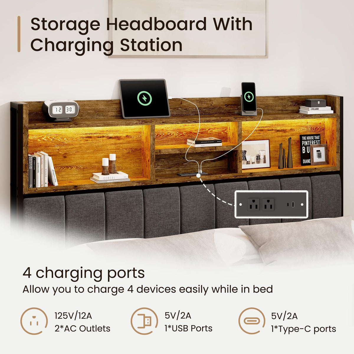 Bed Frame with 6 Storage Drawers, Linen Upholstered Headboard, Built-in USB Charging Station & LED Lighting