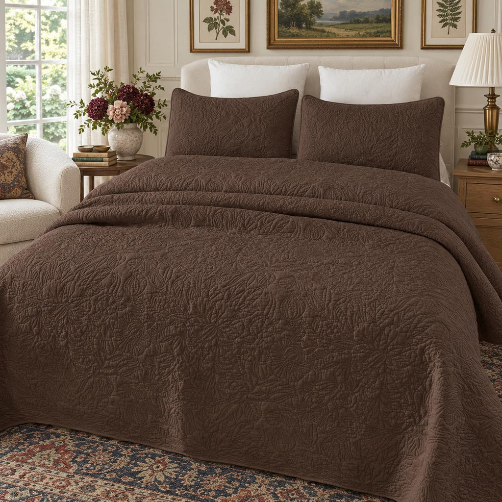 Brown Botanical Cotton Quilt Set Queen Floral Stitched Quilts 3PC