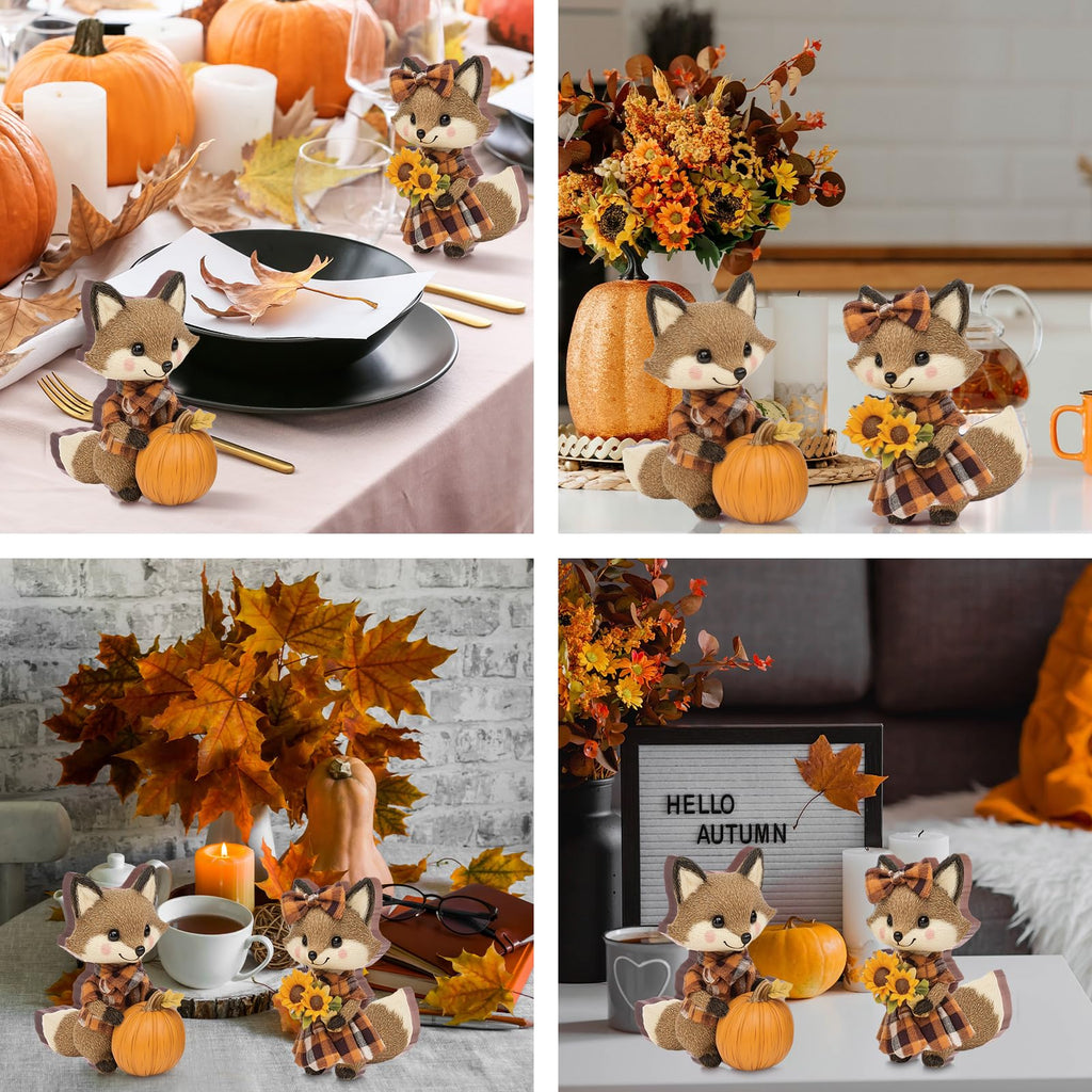 2 Pcs Fall Fox Figurines Wooden for Thanksgiving