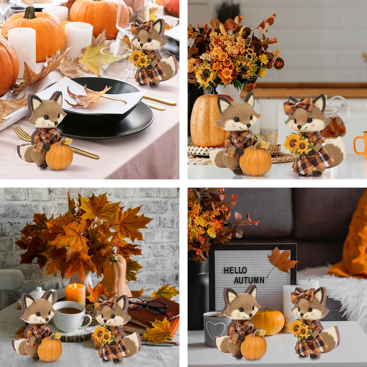 2 Pcs Fall Fox Figurines Wooden for Thanksgiving