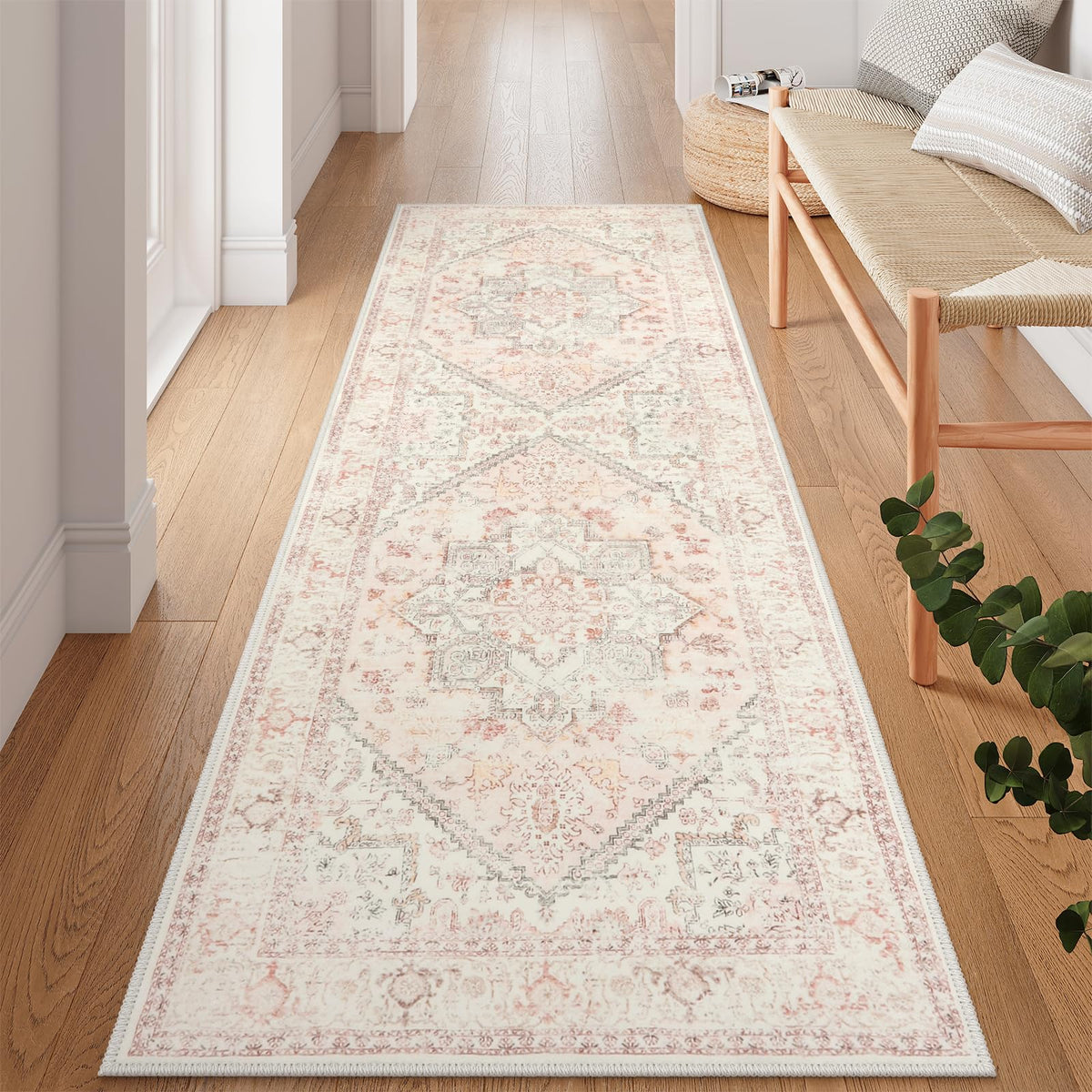 Washable Oriental Runner Rug - Long Vintage Tribal Pink Boho Non-Slip Hallway, Low-Pile Accent Throw Area Rug