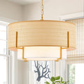 Boho Rattan Chandelier 19.8'' Farmhouse Drum Chandelier with Fabric Shade, 4-Light Rattan Light Fixture Rustic