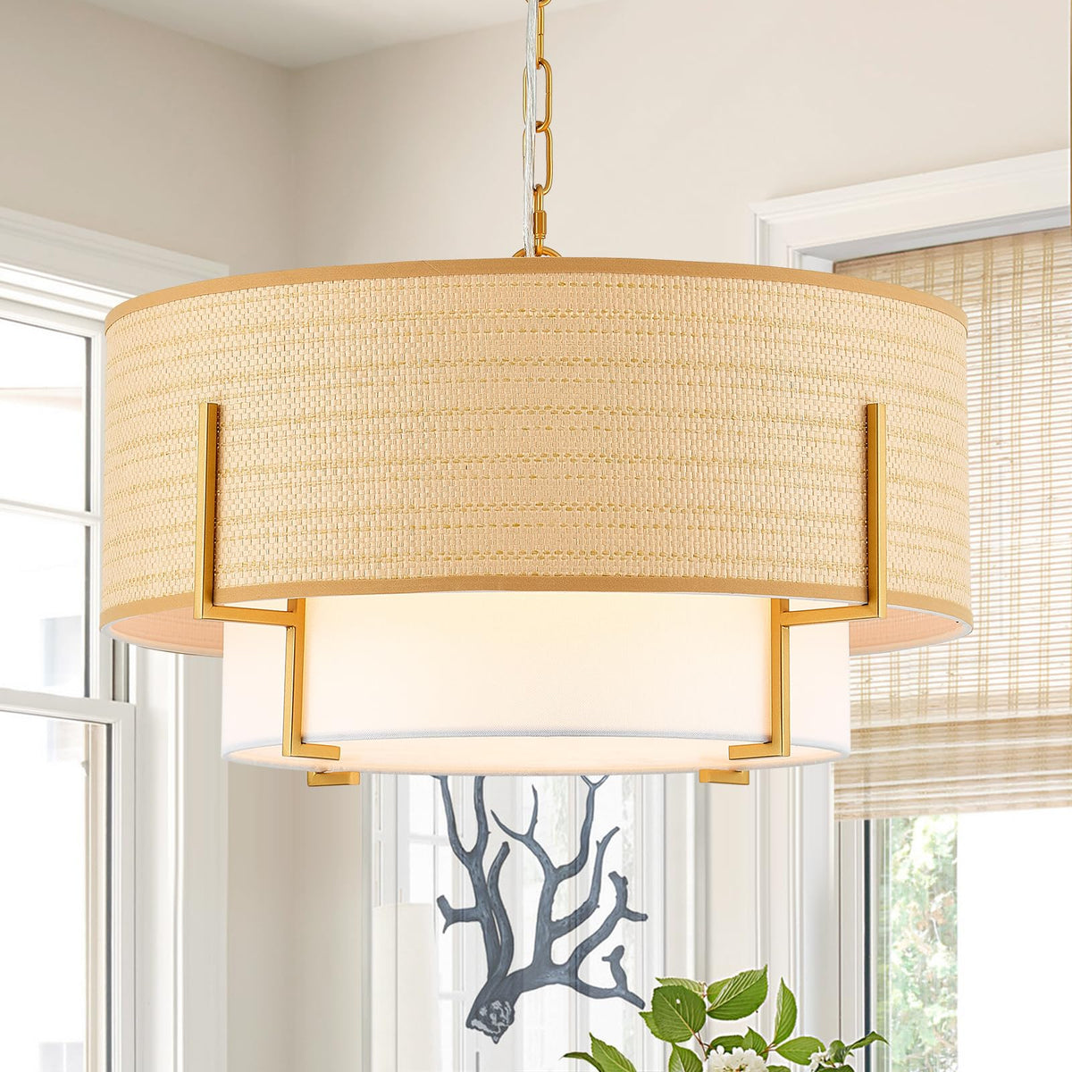 Boho Rattan Chandelier 19.8'' Farmhouse Drum Chandelier with Fabric Shade, 4-Light Rattan Light Fixture Rustic