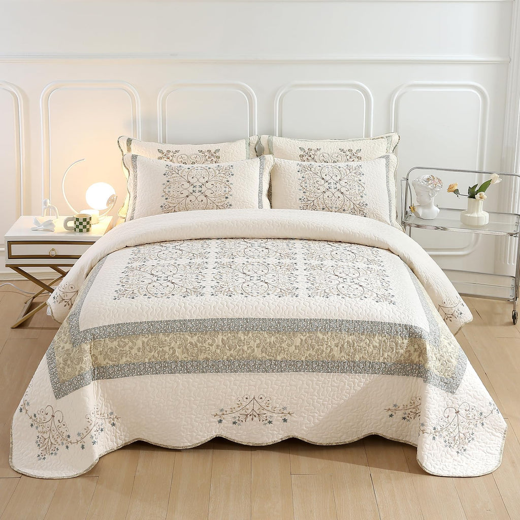 Elegant Embroidered Quilt Set Farmhouse Patchwork Oversized Reversible Bedspread Coverlet 3 Piece Cotton