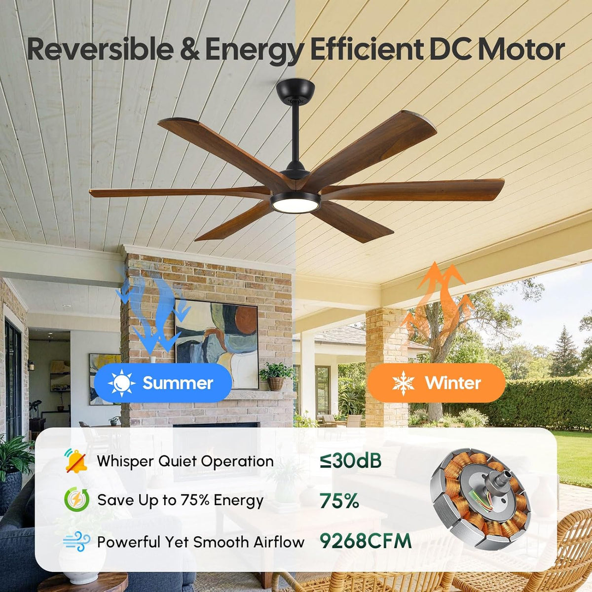 72" Wood Outdoor Smart Ceiling Fan with Light & Remote