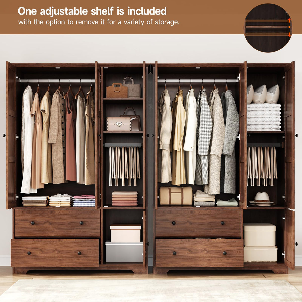 3 Doors Wooden Wardrobe Closet, Large Capacity Bedroom Armoires