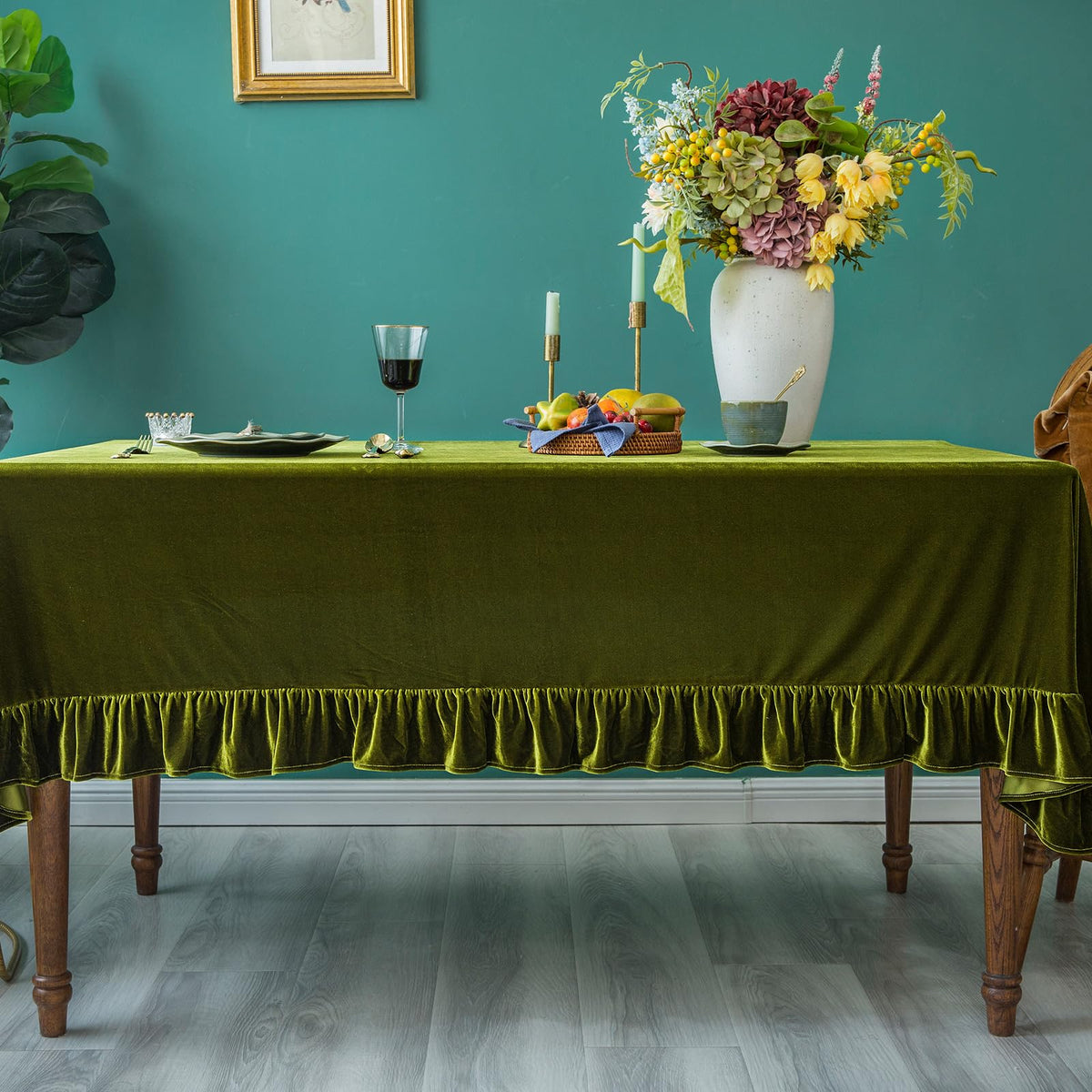 Velvet Tablecloth Luxurious Solid Rectangle Table Cloth, Oblong Retro Farmhouse Ruffle Tablecloths Washable Table