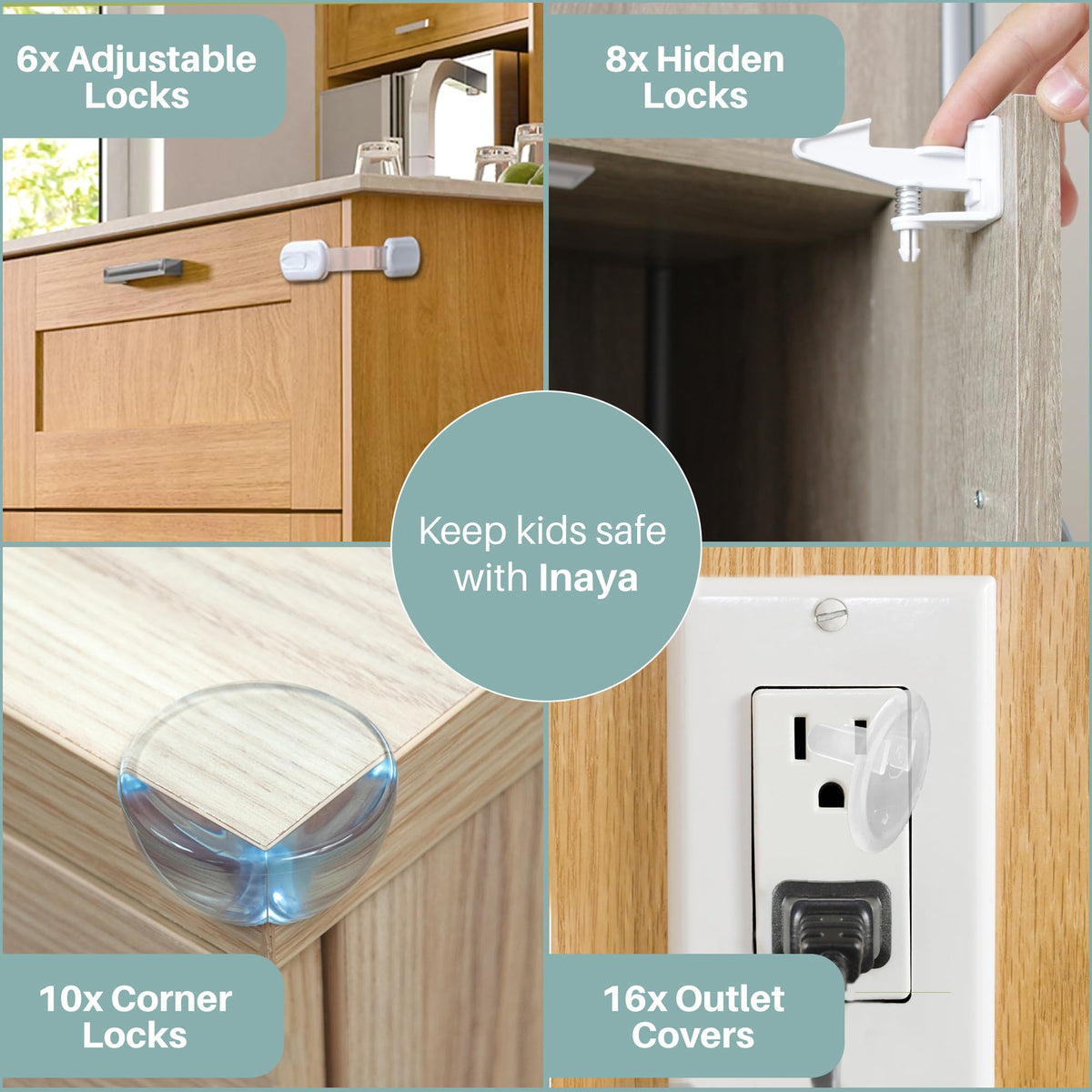 Complete Baby Proofing Kit - Child Safety Hidden Locks for Cabinets & Drawers, Adjustable Safety Latches, Corner