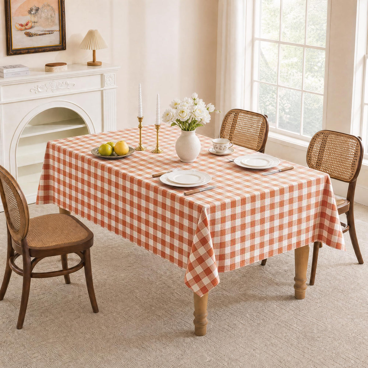 Fall Gingham Tablecloth Rectangle Cotton Linen Style, Orange 60x75