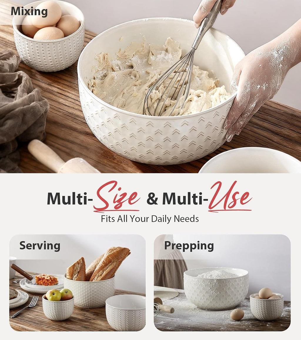 Ceramic Large Mixing Bowls Set of 4, 20/44/98/145 OZ, Ivory White | Nesting Bowls for Cooking, Baking, Salad Etc