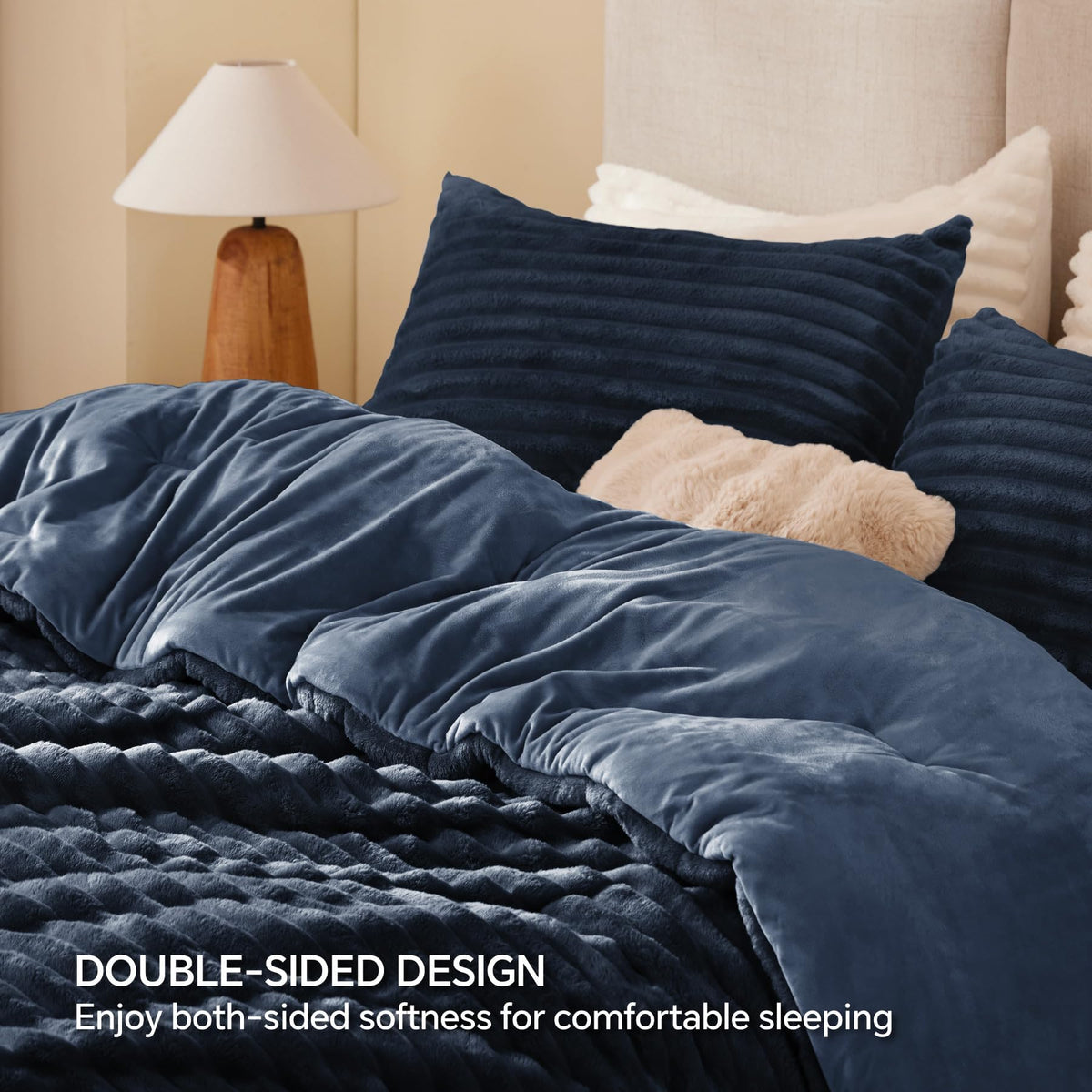 Fleece Oversized Comforter Set, Fluffy Bed Set, Navy Blue