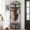Corner Hall Tree, 4-Tier Coat Rack with Shoe Storage, Rustic Brown