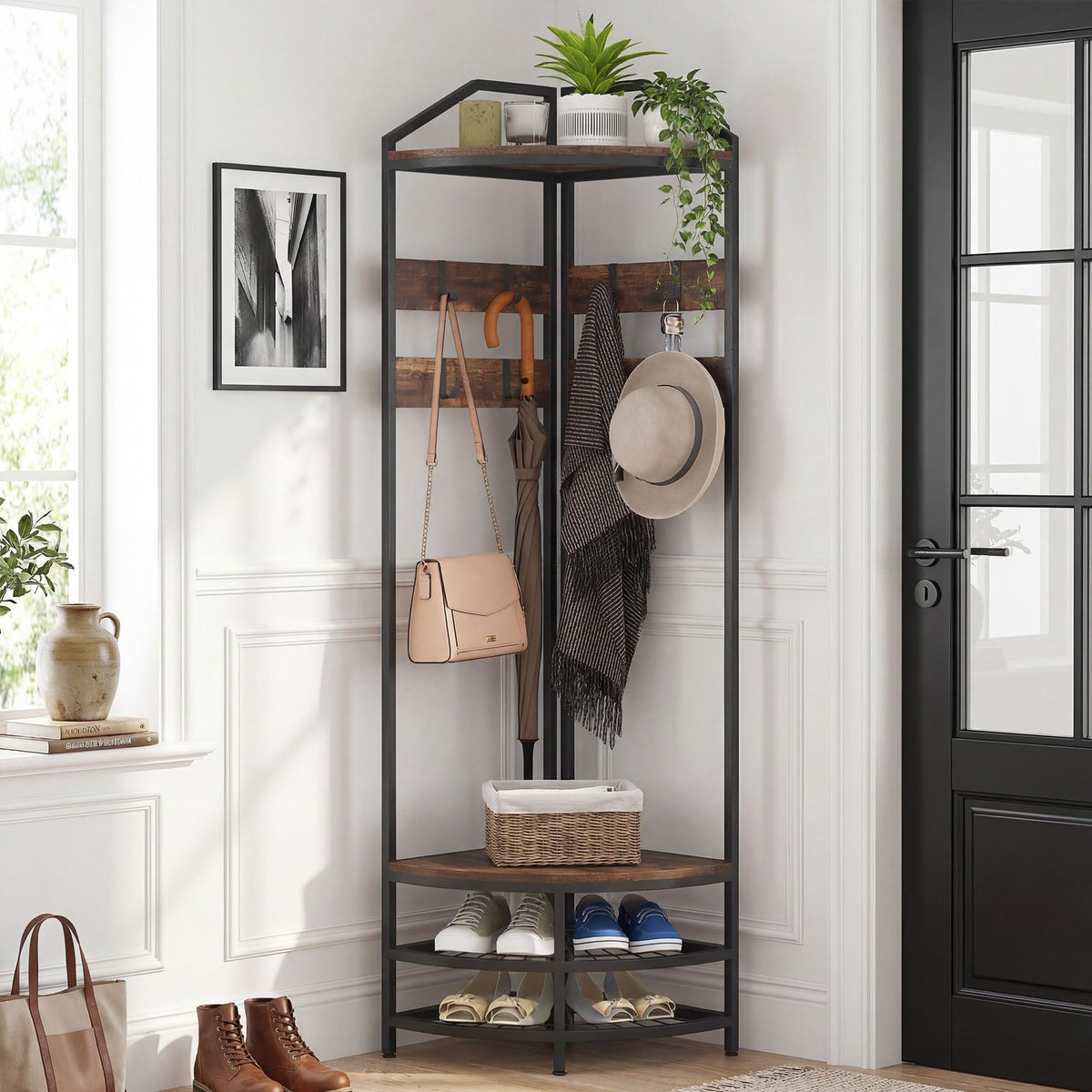 Corner Hall Tree, 4-Tier Coat Rack with Shoe Storage, Rustic Brown