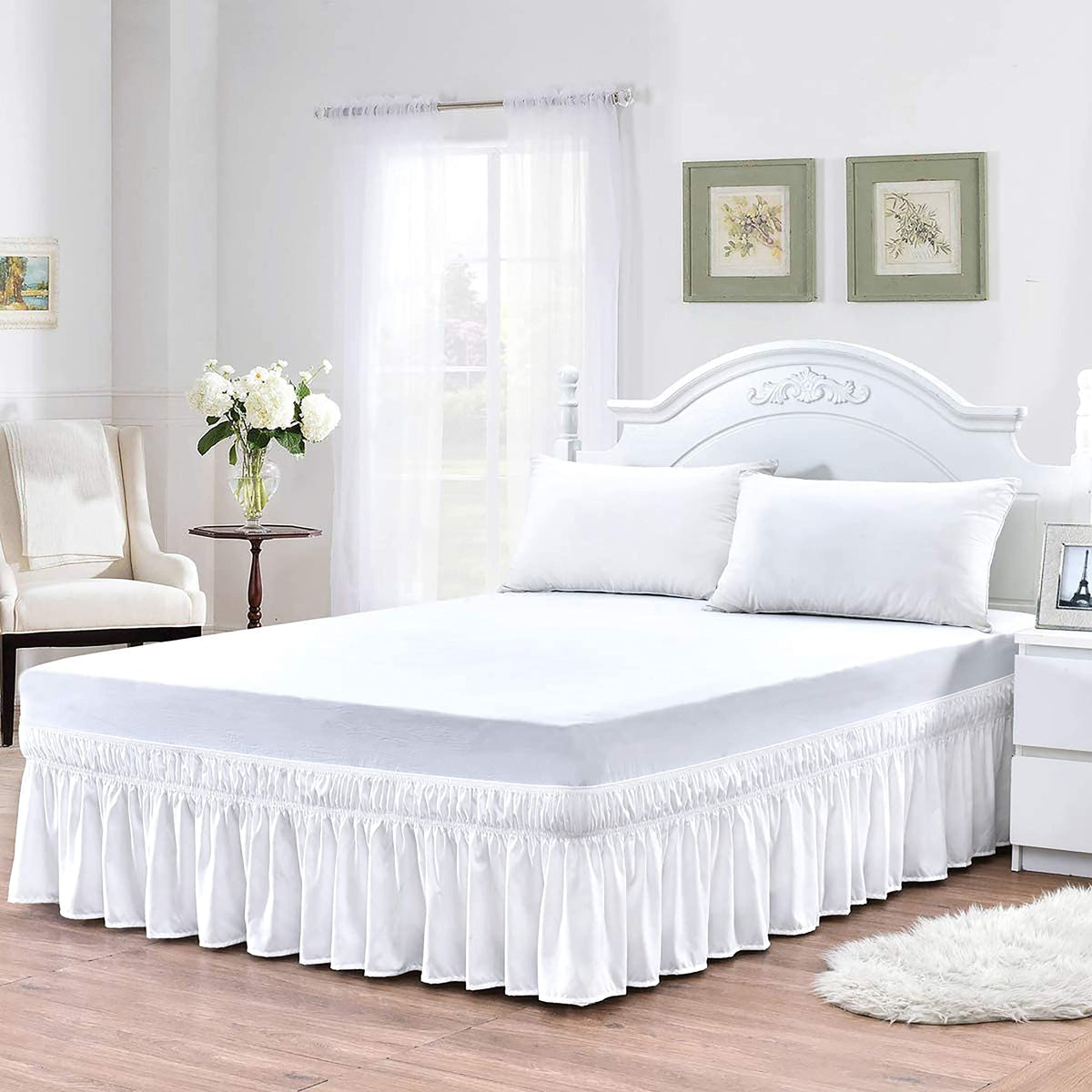 600 TC Cotton Wrap Around Bed Skirt for XL Size Bed 22 Inch Drop & Adjustable Three Fabric Sides Elastic Belts