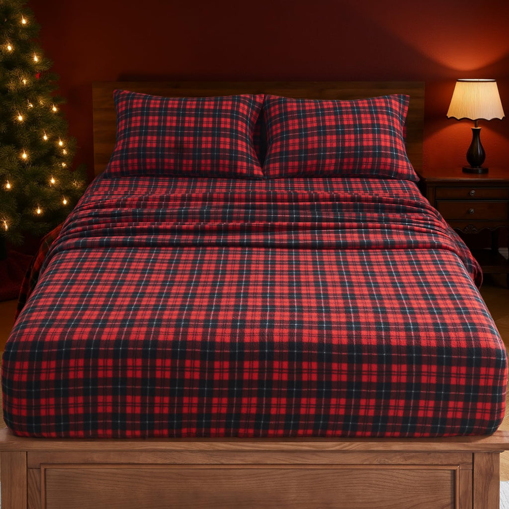 Flannel Sheets, Red Plaid Soft Warm Winter Bed Sheets