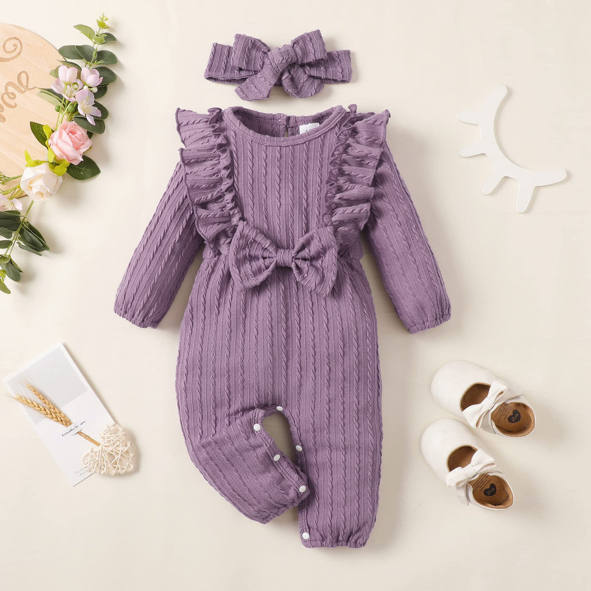Baby Girl Romper Infant Fall Winter Clothes Ruffle Sweater Long Sleeve Bodysuit Jumpsuit and Headband