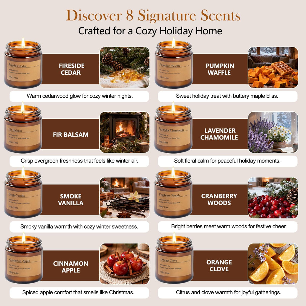 Fall Candles Gift Set - 8 Pack Vintage Amber Glass Jar Candles, Scents, Gift for Women, Aromatherapy Soy Wax