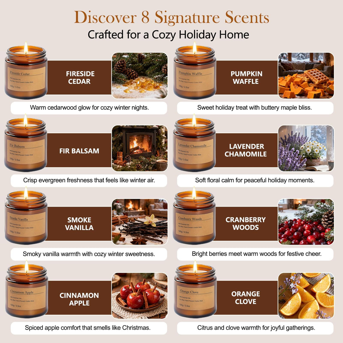 Fall Candles Gift Set - 8 Pack Vintage Amber Glass Jar Candles, Scents, Gift for Women, Aromatherapy Soy Wax