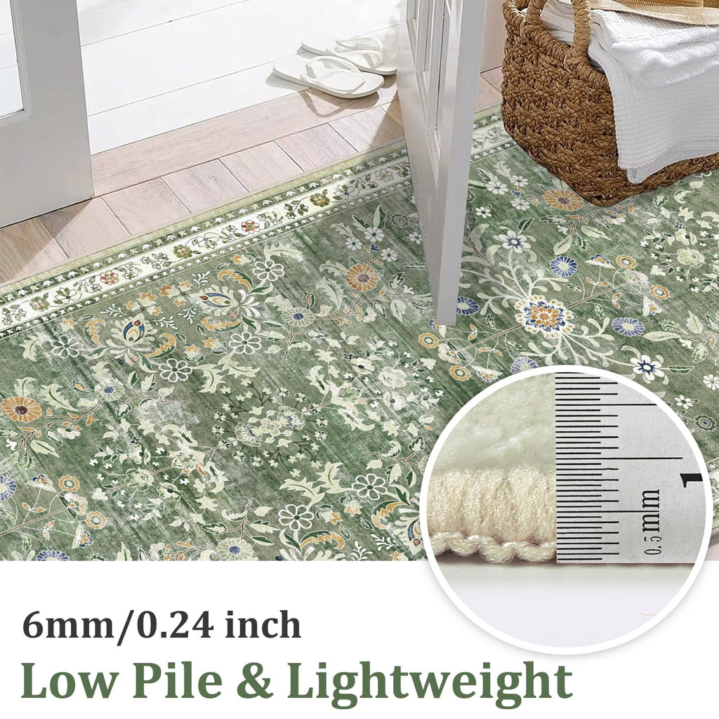 2x10 Washable Hallway Runner Rug Non Slip Floral Carpet, Sage Green