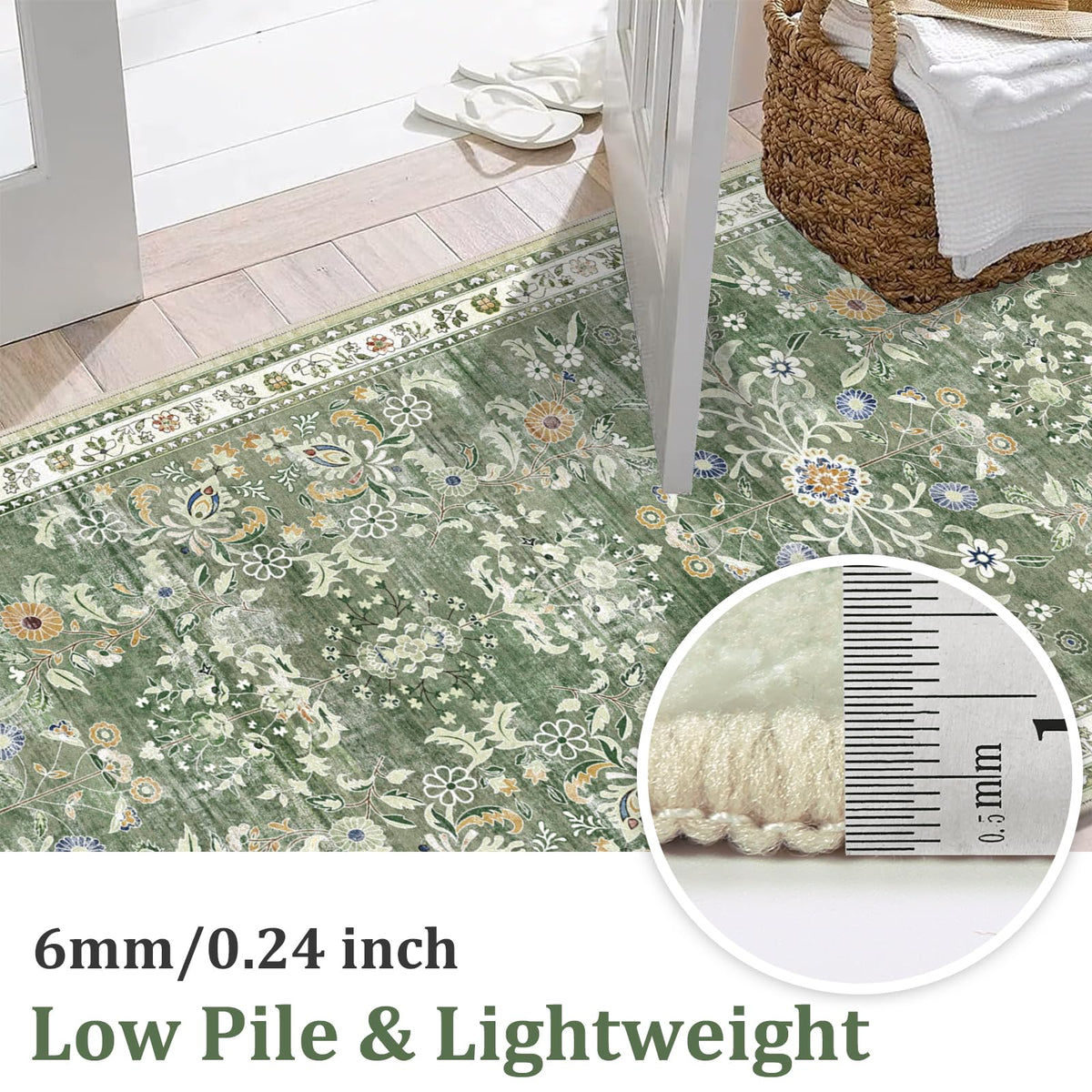 2x10 Washable Hallway Runner Rug Non Slip Floral Carpet, Sage Green