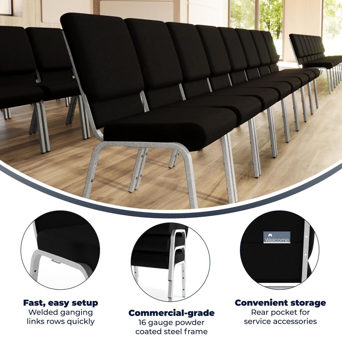 4 Pack HERCULES Series 18.5''W Stacking Church Chair in Black Fabric - Silver Vein Frame