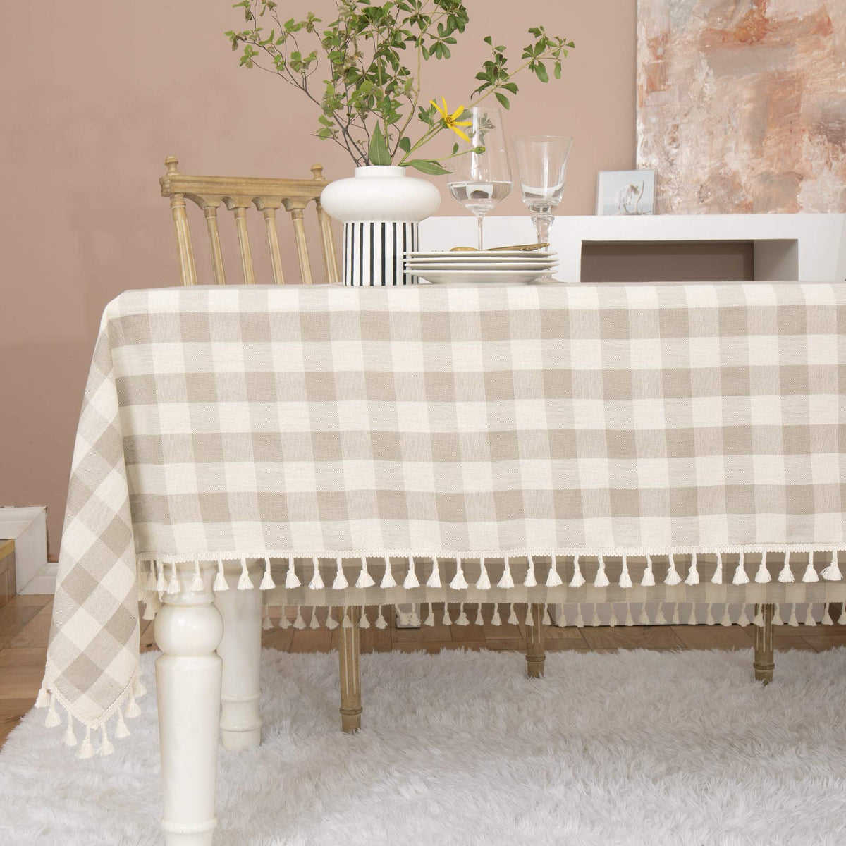 Farmhouse Gray Khaki Gingham Tablecloth Rectangle 55"x70"