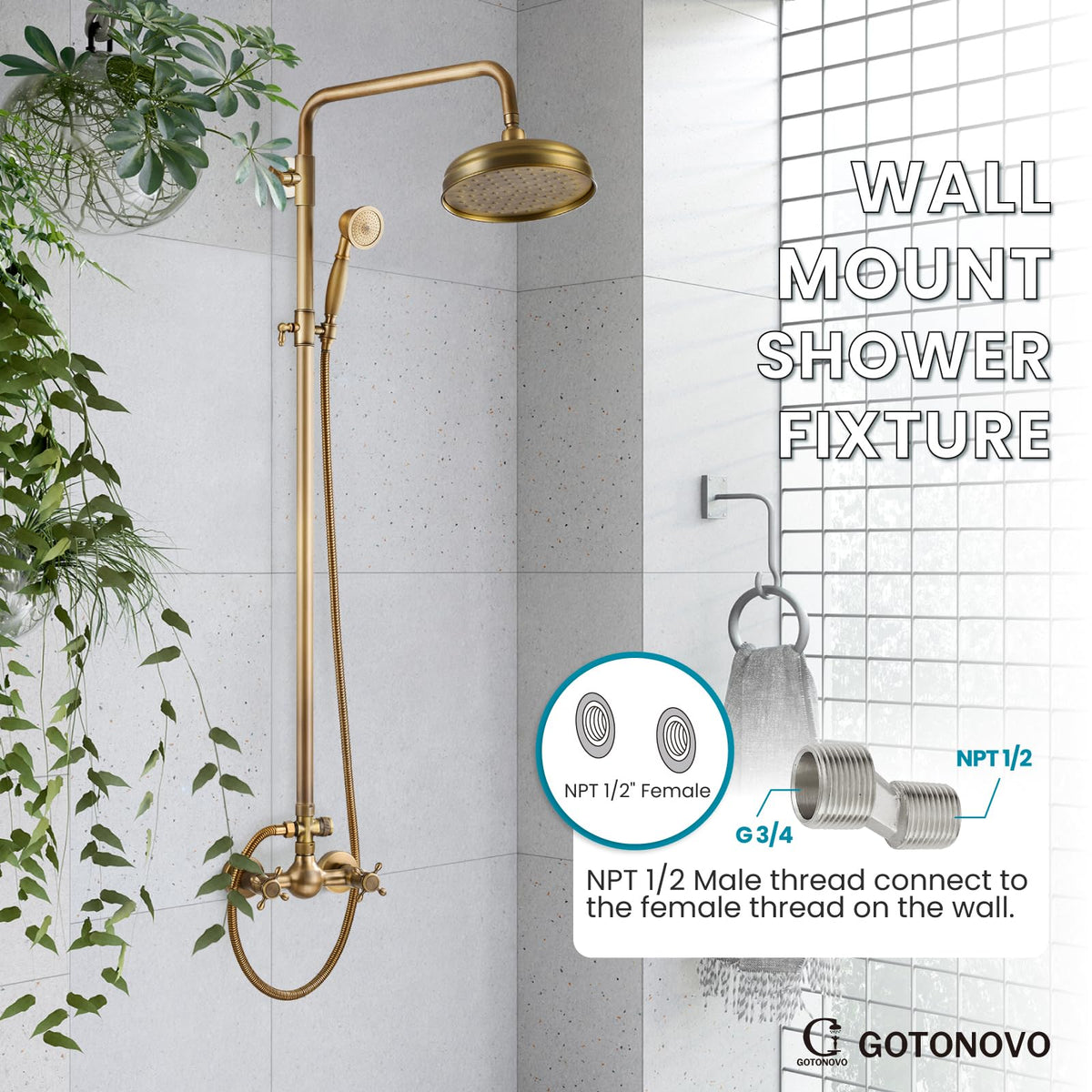 Exposed Shower System Wall Mount,Antique Brass,Metal Handheld