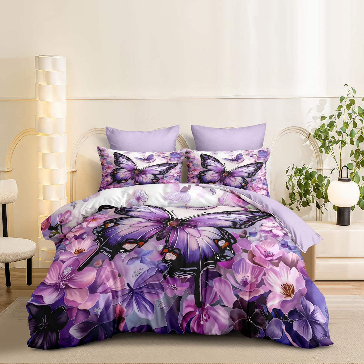 Aesthetic Flowers King Comforter Set Purple Butterfly Bedding Set for Women Girls Victorian Decor Quilt Set - 3Pcs