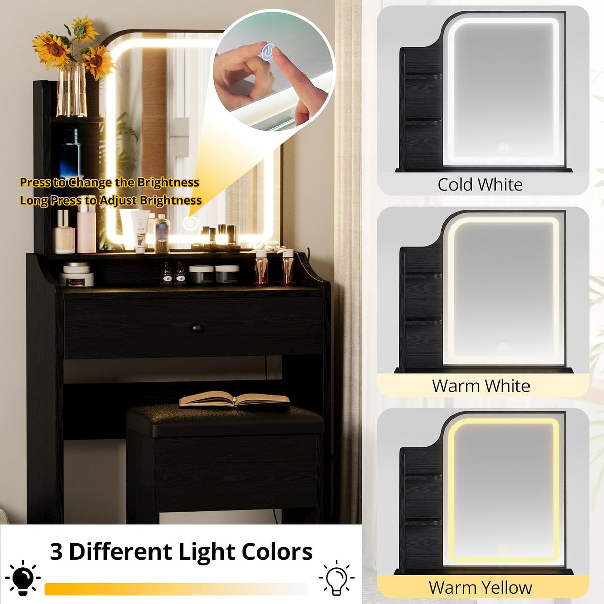 Small Vanity Desk with Mirror Lights and Storage Stool | Black compact vanity with 3 light modes, charging station